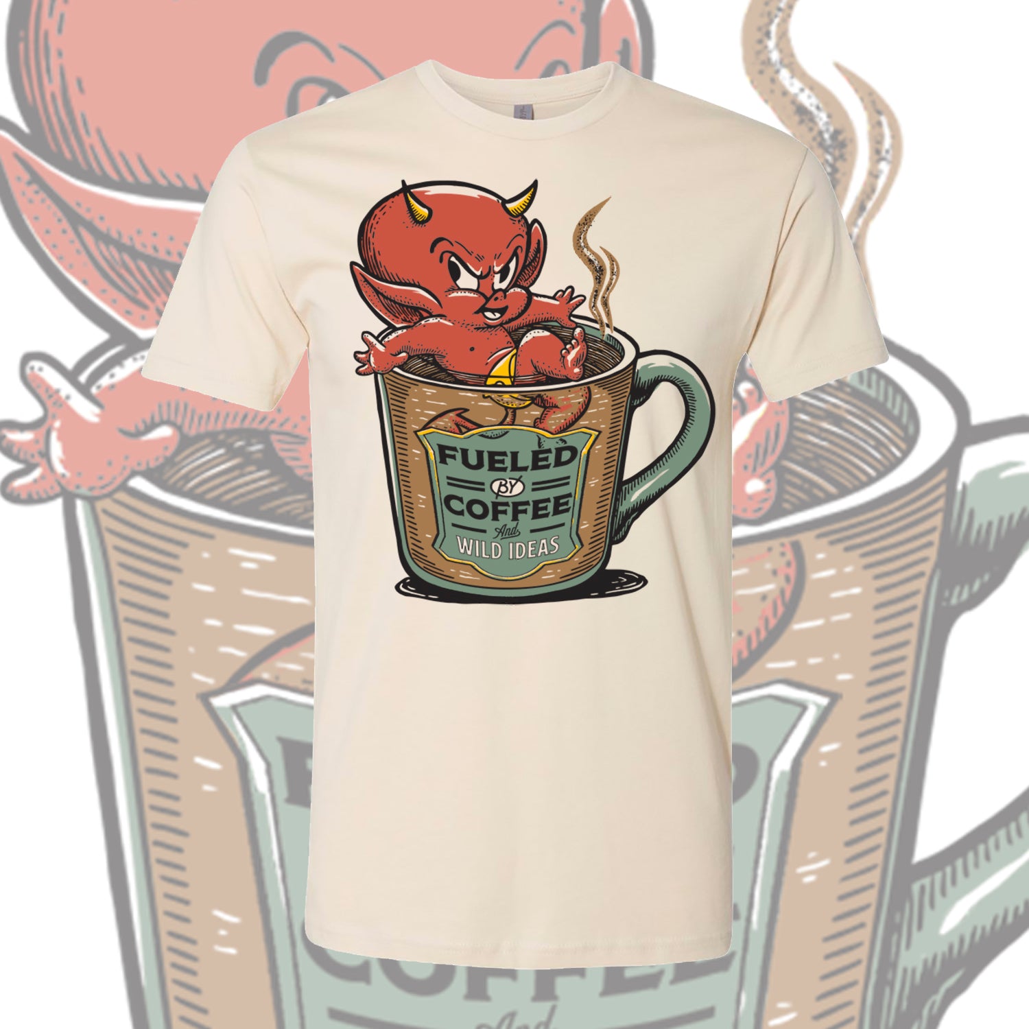 Hot Coffee tee front view – Scott Weatherwax design on beige Next Level 3600 shirt.