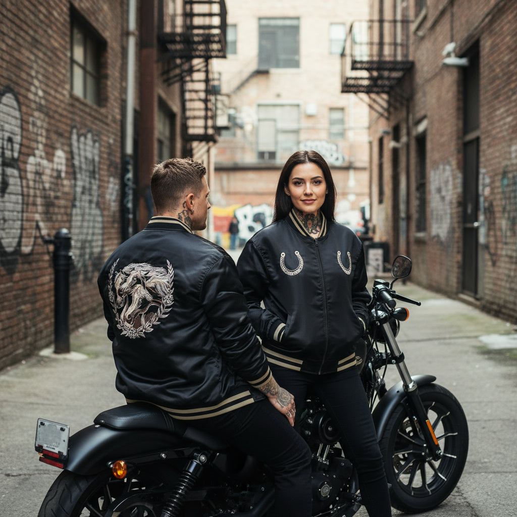 Model wearing the Year of the Horse satin bomber jacket styled streetwear.