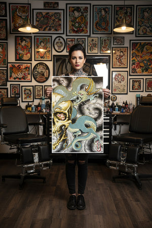 Flying Tiger” print by Giacomo Pompei framed and hung on wall for decor preview.