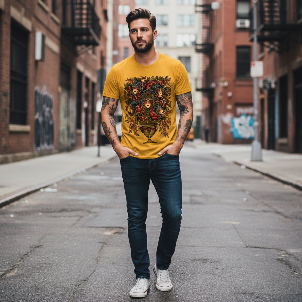 Yellow t-shirt with decorative design of faces and flowers on a white background