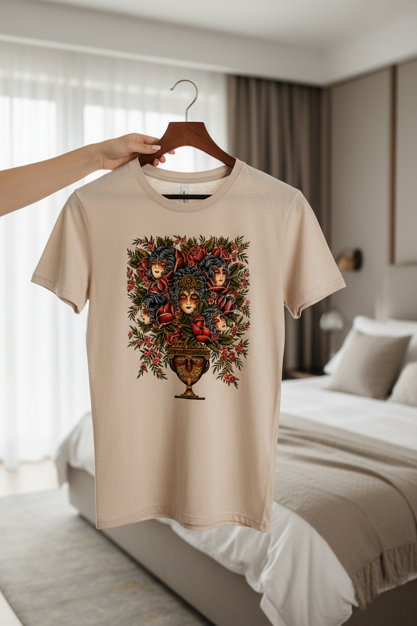 Beige t-shirt with decorative design of faces and flowers on a white background
