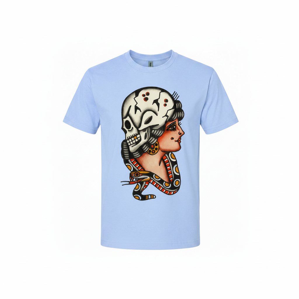 Light blue t-shirt with a skull and woman design on a white background