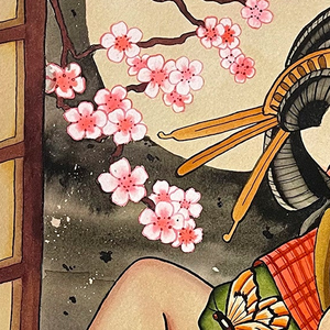 Traditional Japanese illustration of a geisha with cherry blossoms and a butterfly.