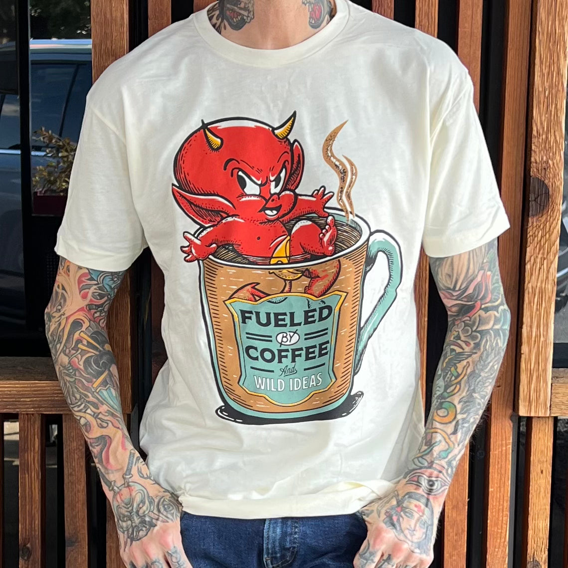 Hot Coffee tee detail – close-up of graphic showing devil in coffee cup design.
