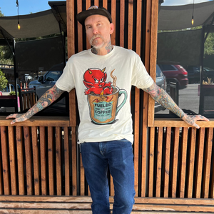 Lifestyle image: model wearing Hot Coffee Tee by Mindzai Apparel.