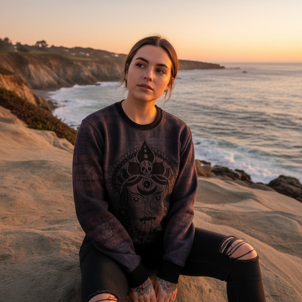 Model showcasing the Kali Sweatshirt styled with jeans and sneakers.