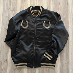 Year of the Horse satin bomber jacket – front view, embroidered horse motif.