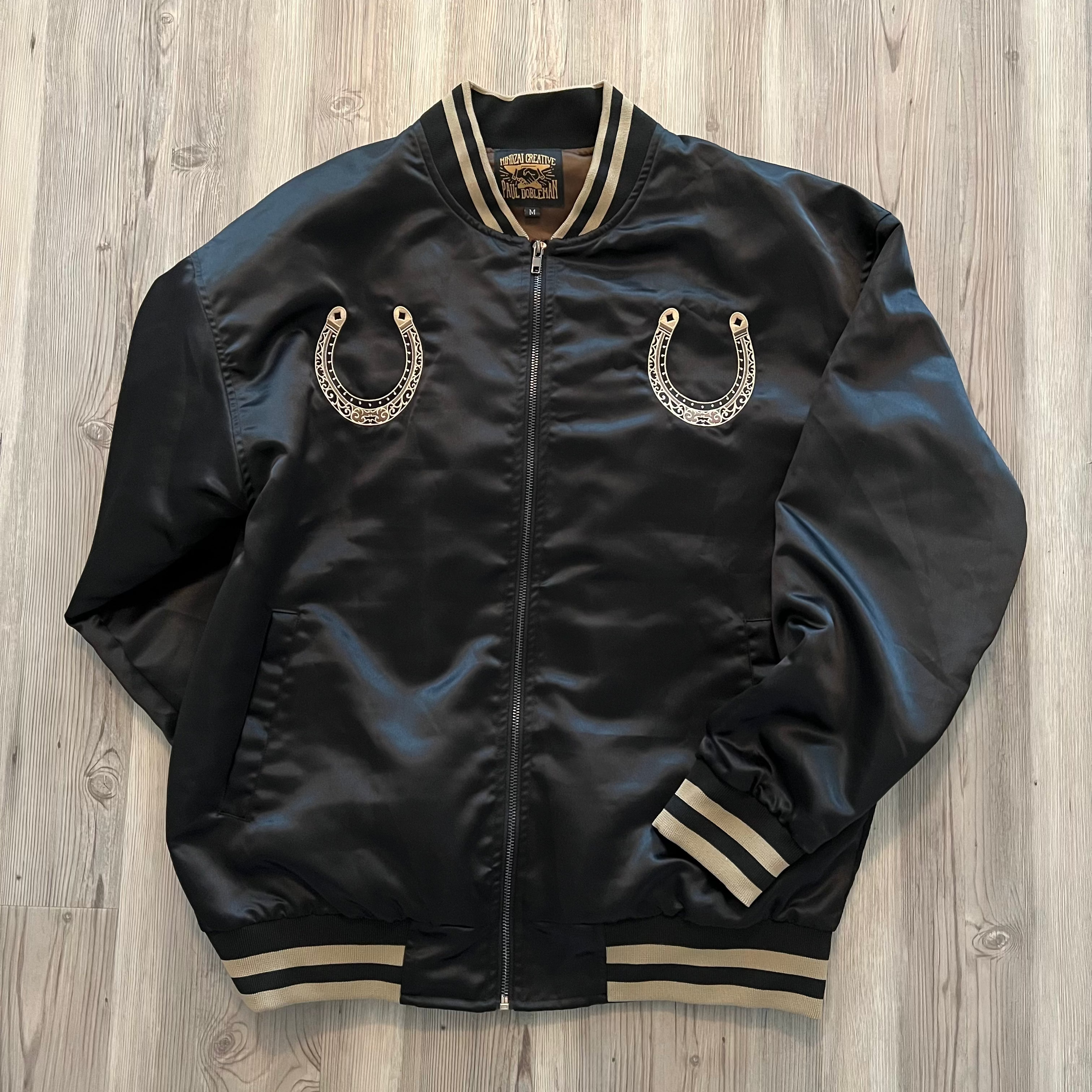Year of the Horse satin bomber jacket – front view, embroidered horse motif.