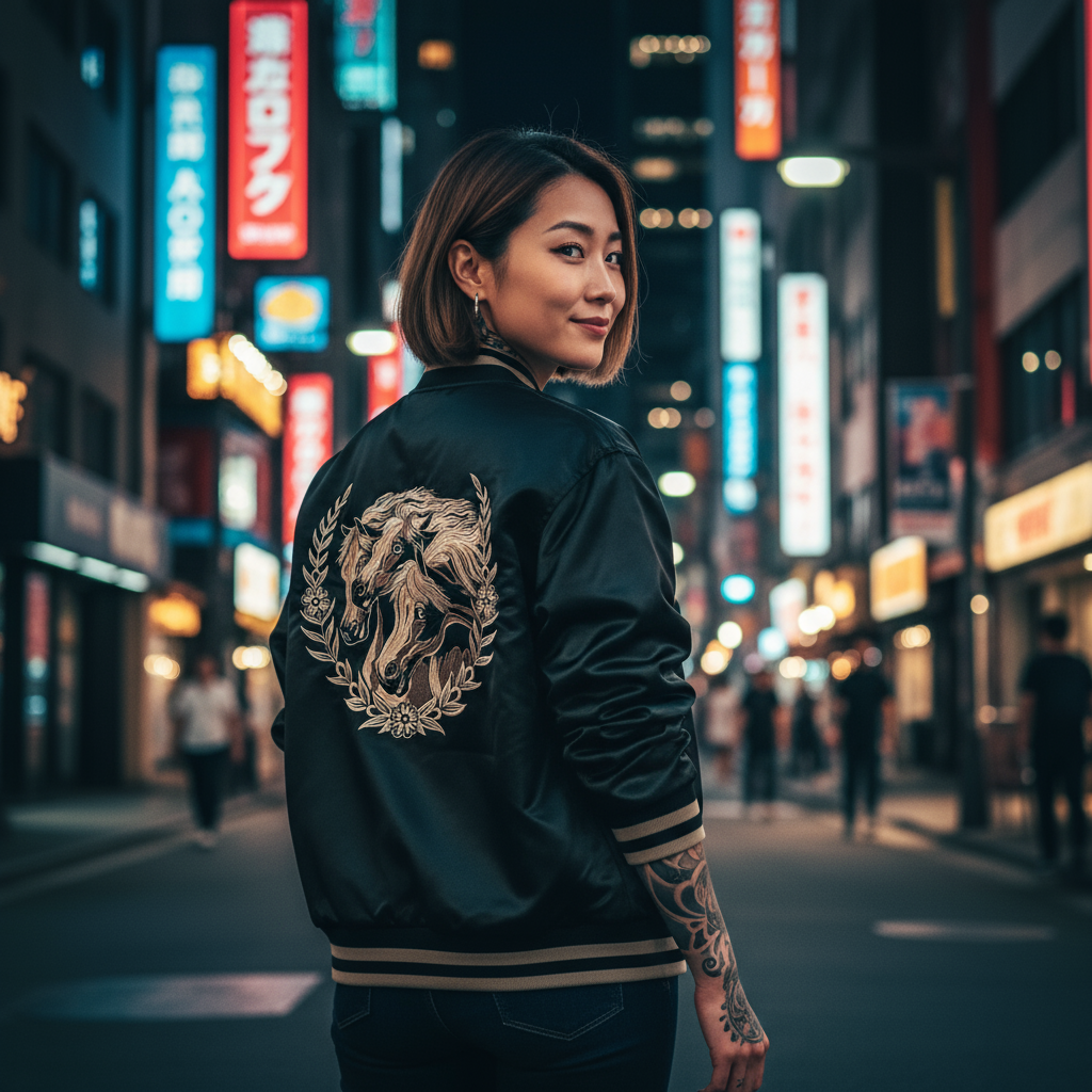 Full outfit look featuring Year of the Horse satin bomber with jeans.
