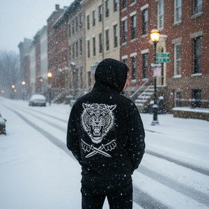 Model wearing the Speed Tiger Style Hoodie by Mindzai Apparel.