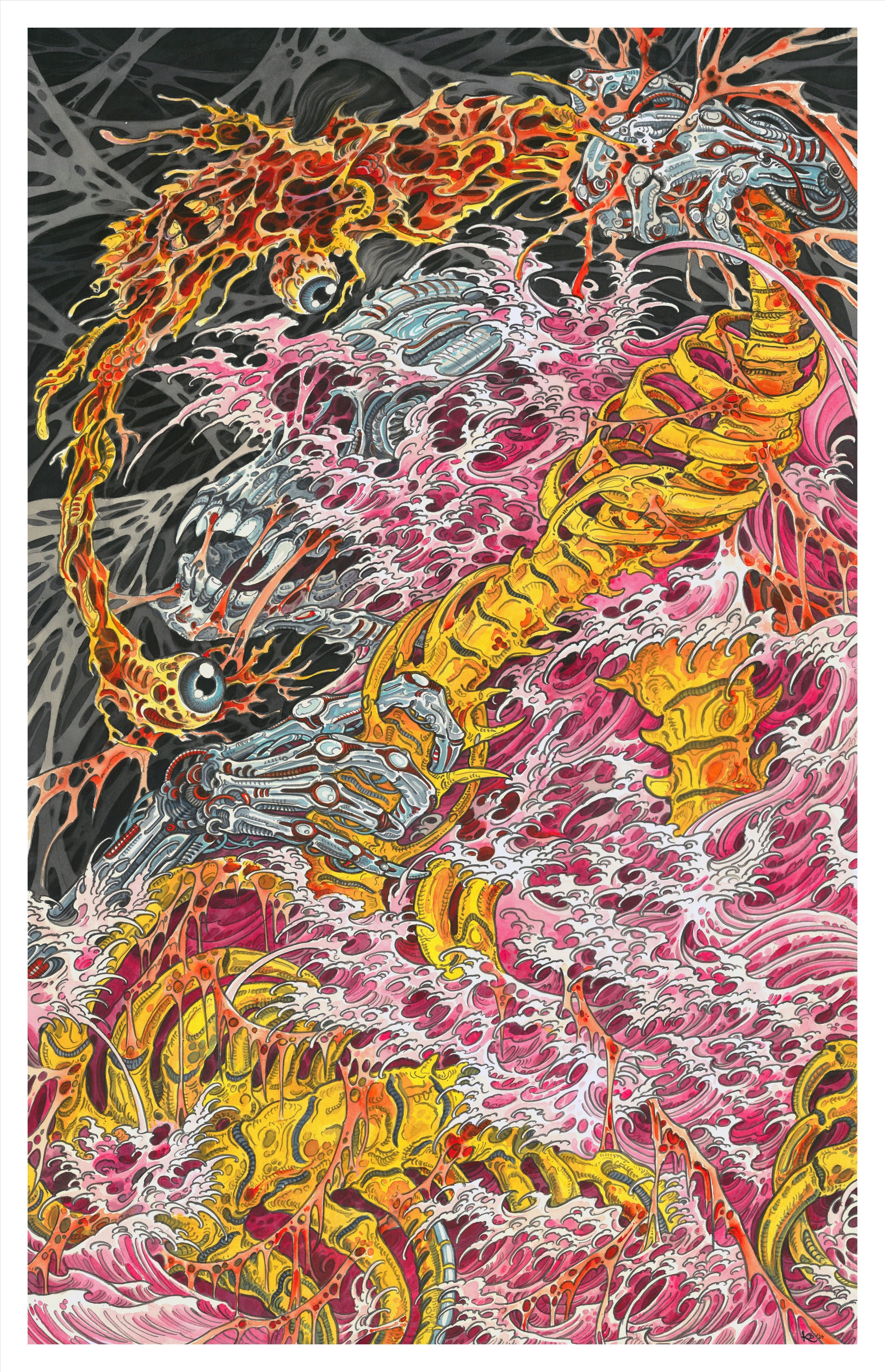 Colorful dragon design with flames and abstract patterns on a black background