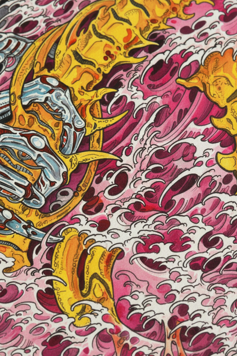 Colorful abstract design with mechanical elements and pink wave-like patterns