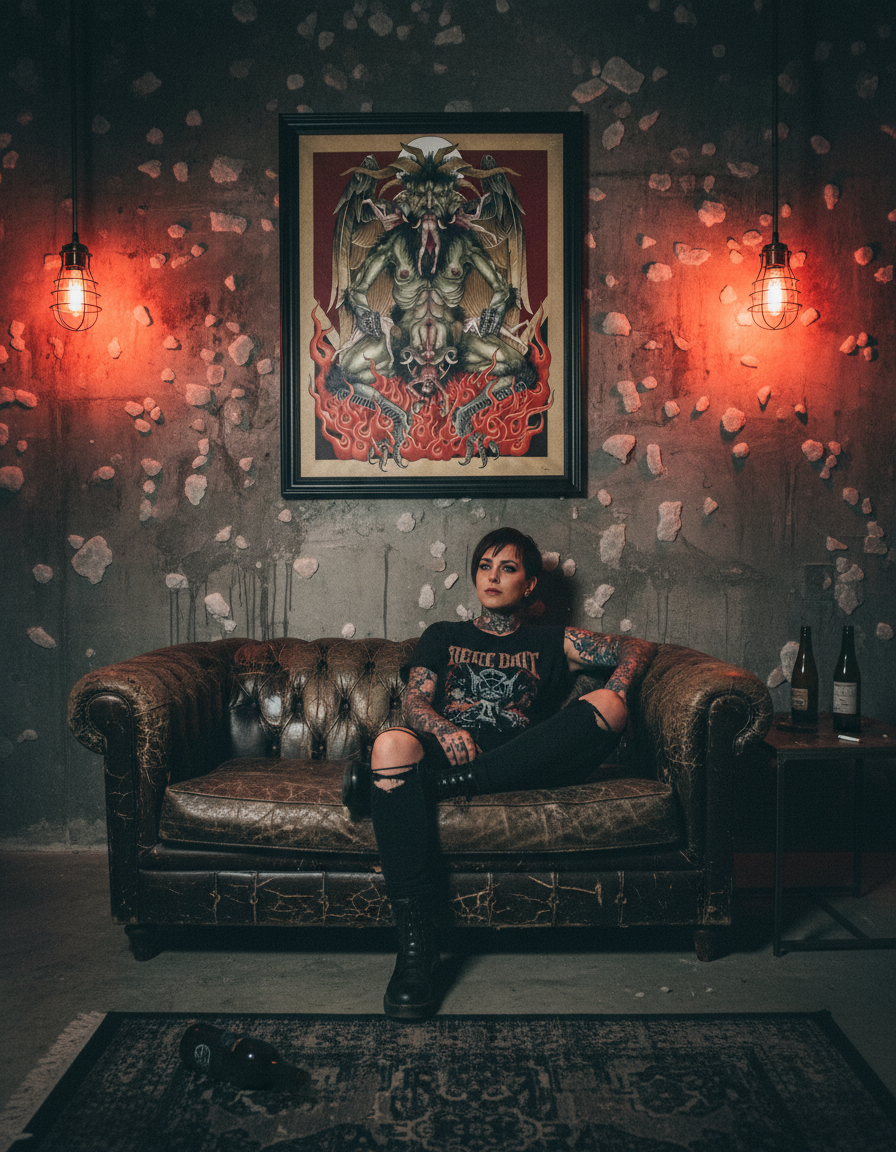 Person sitting on a vintage couch in a room with dark walls, a large framed poster, and dim lighting.