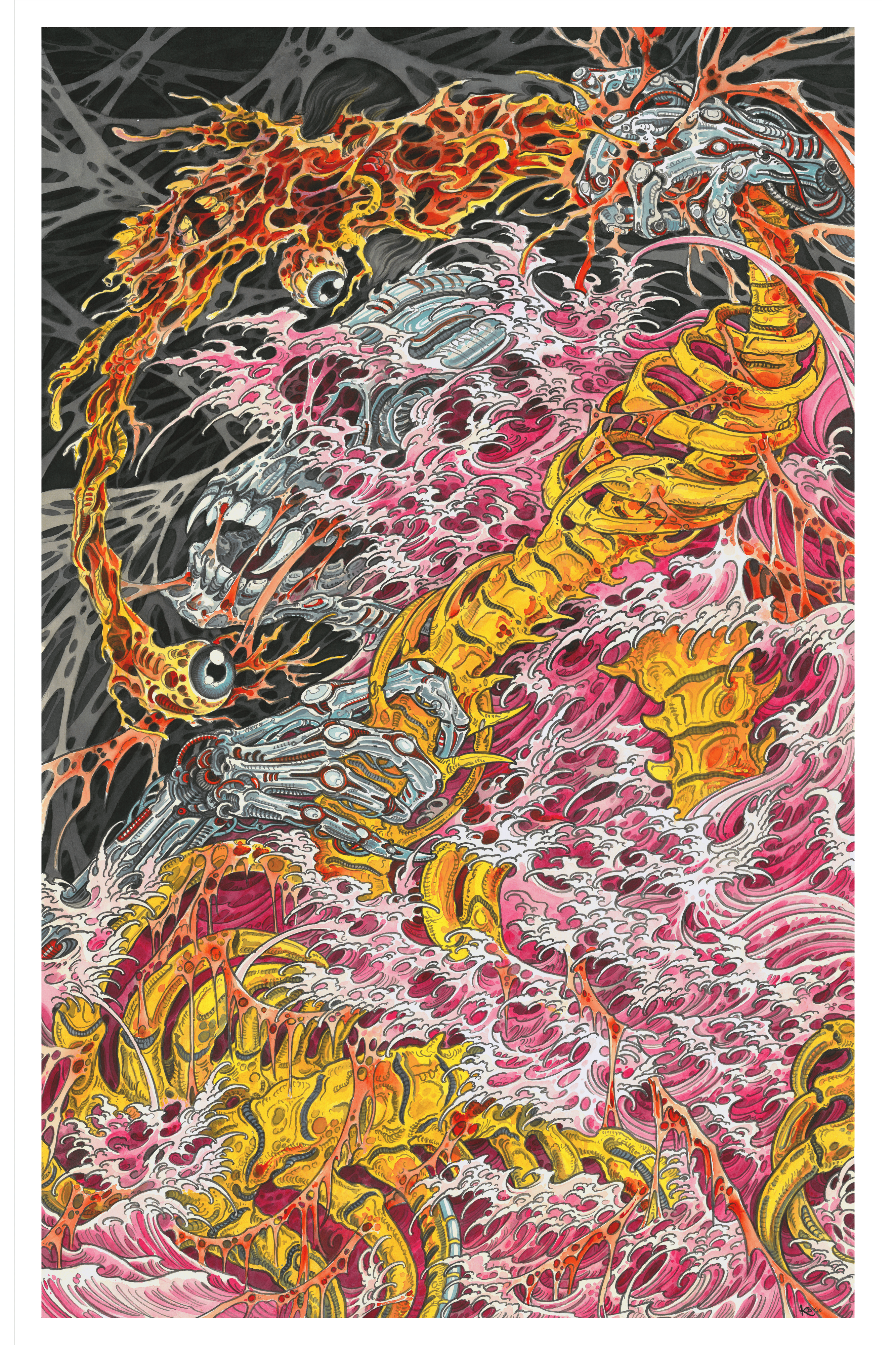 Colorful dragon design with flames and abstract patterns on a black background