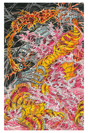 Colorful dragon design with flames and abstract patterns on a black background