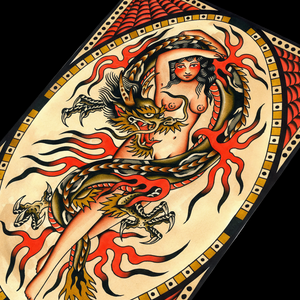 Decorative mat with a dragon and woman design on a white background