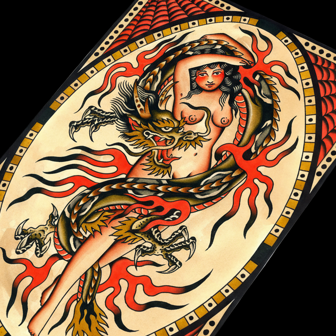 Decorative mat with a dragon and woman design on a white background