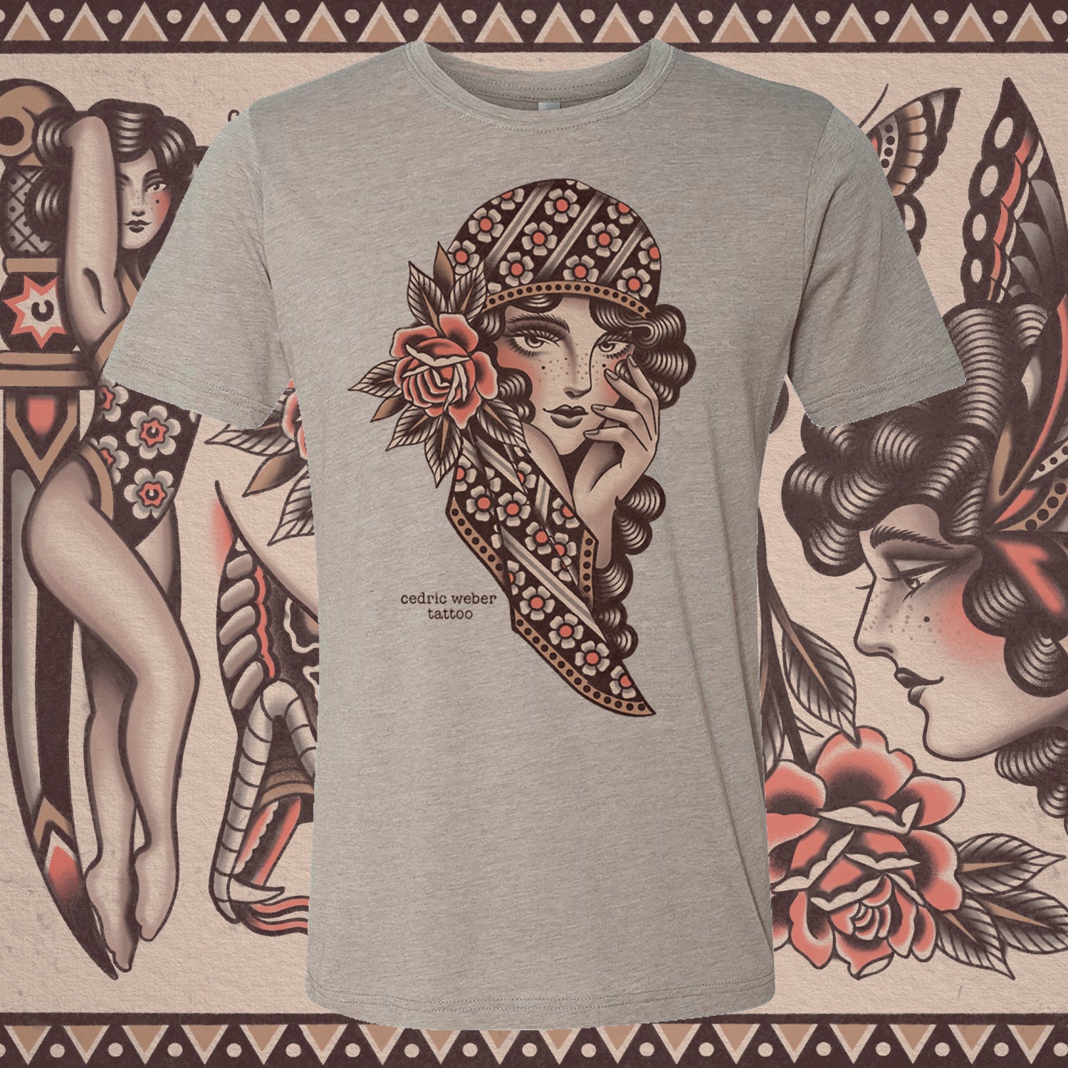 Greyhound Tattoo T-shirt by Cedric Weber – vintage-style print on a soft Next Level tee, 65% polyester, 35% ring-spun cotton. Printed at Mindzai Creative