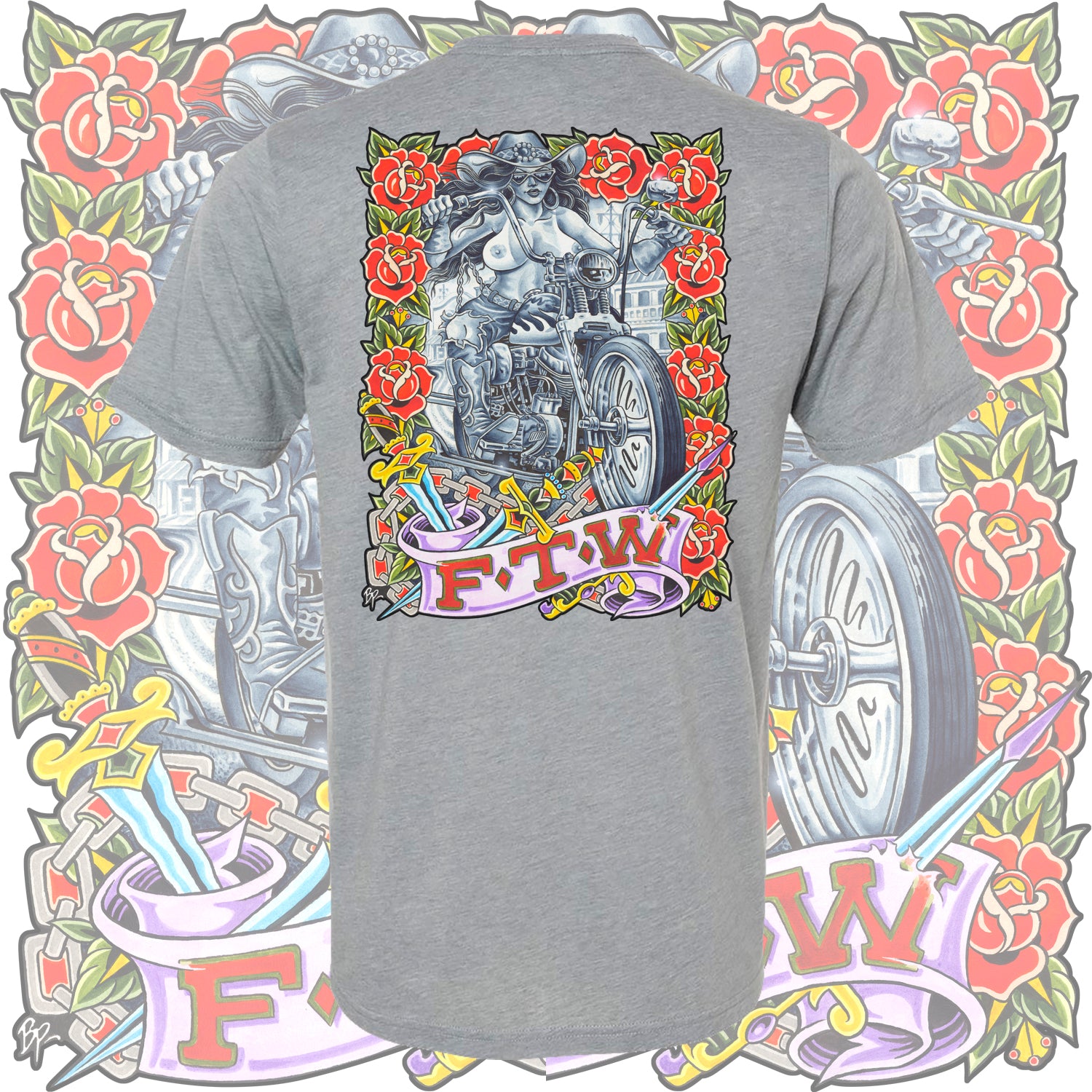 Forever Tattoo T-shirt by Cedric Weber & Brent Patton, printed at Mindzai Creative, soft vintage dye-sublimation print on Next Level 65/35 poly-cotton blend.