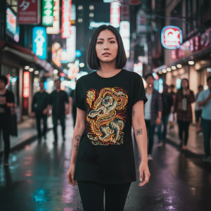 Black t-shirt with a colorful dragon design on a white background