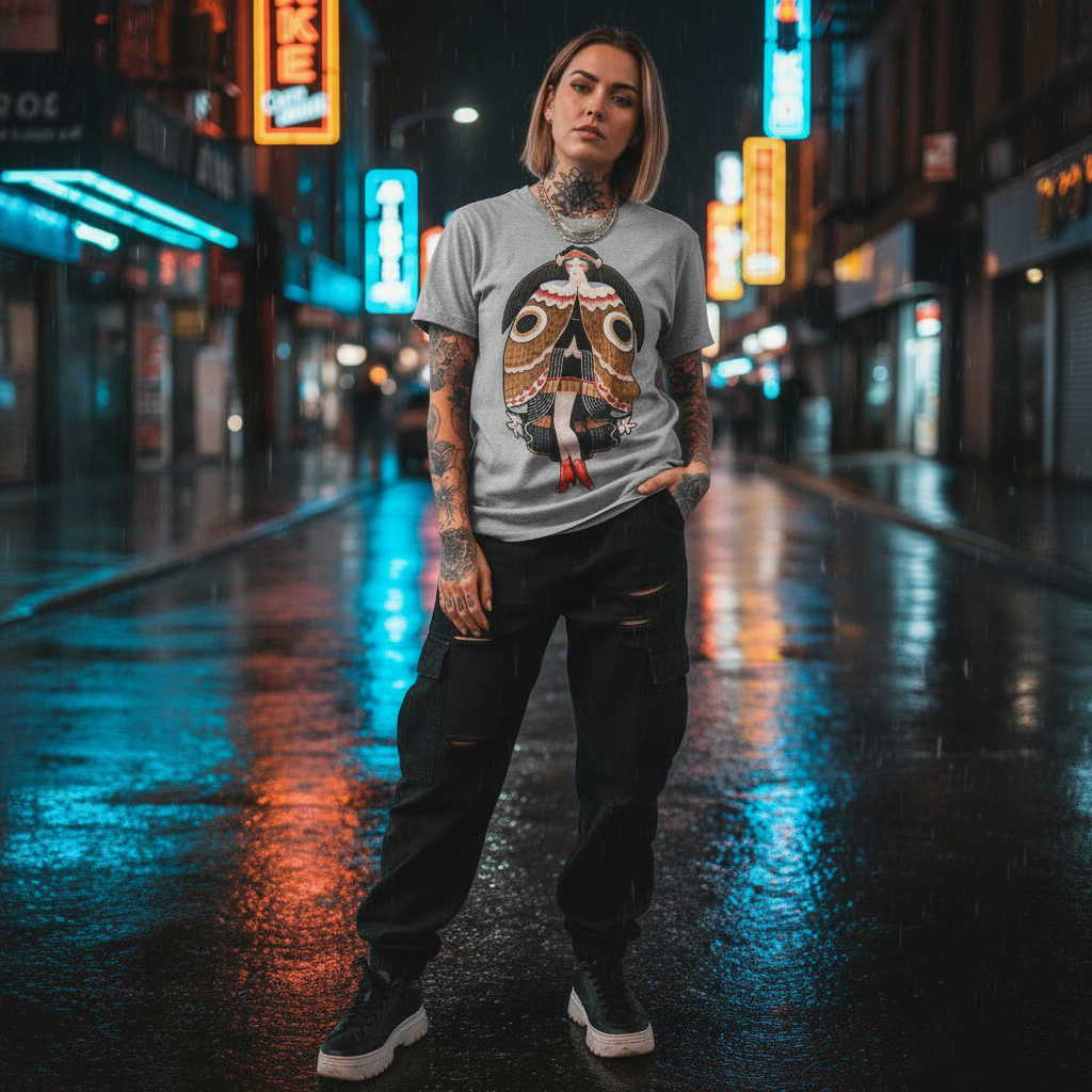 Gray t-shirt with a colorful graphic of a woman in a large moth costume on a white background