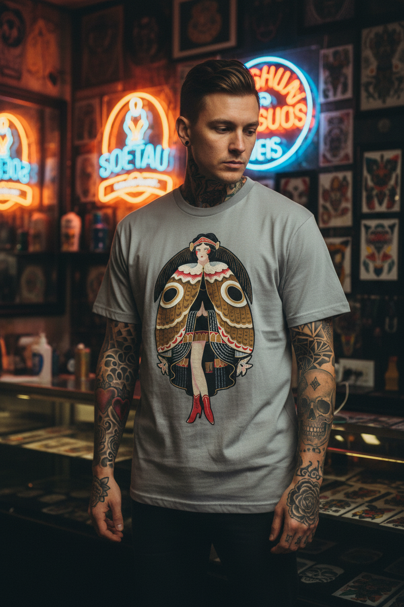 Model wearing Traditional Tattoo Moth Woman Graphic T-Shirt by Mike Barker