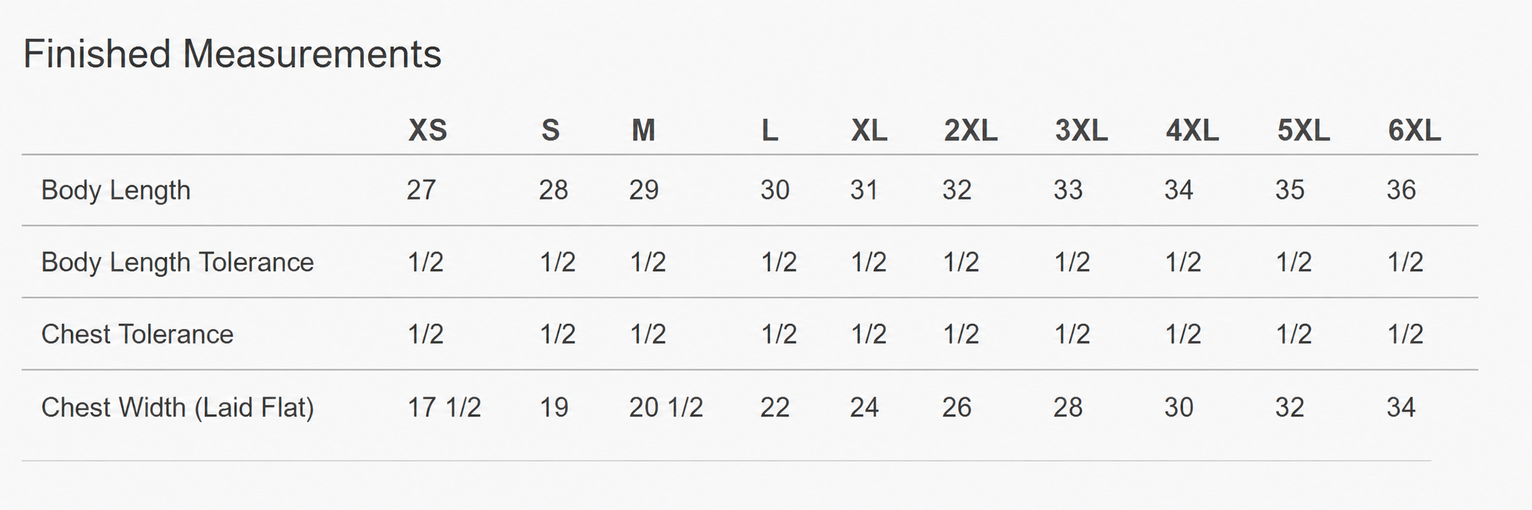 Product size chart