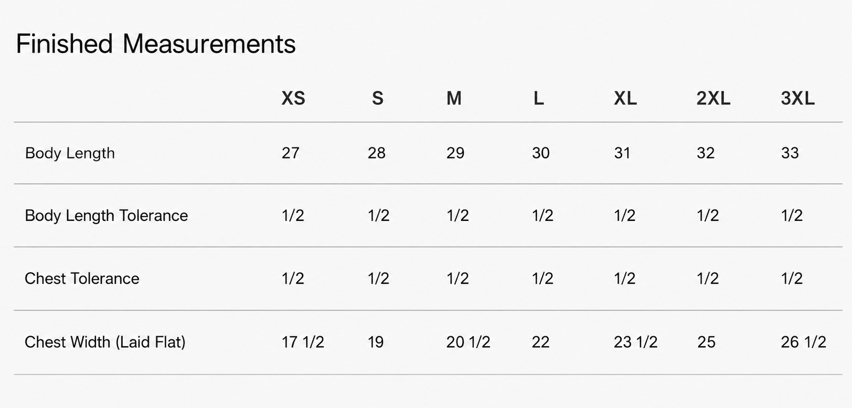 Product size chart