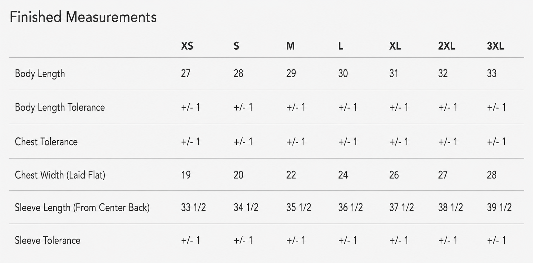 Product size chart
