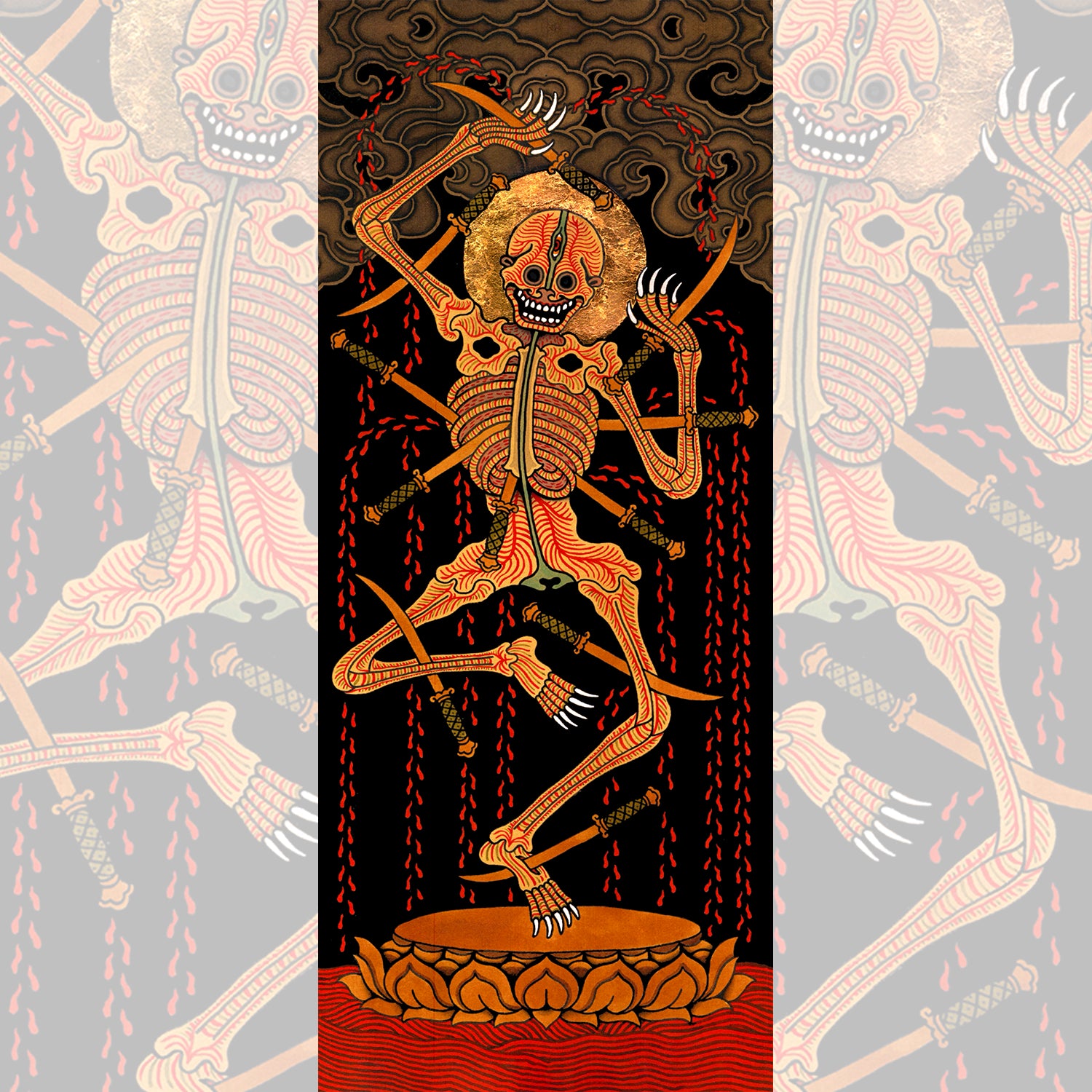 Decorative panel with a stylized skeleton in a dynamic pose on a patterned background.